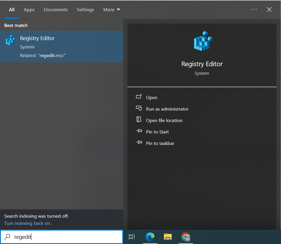 Searching Registry editor in windows search box