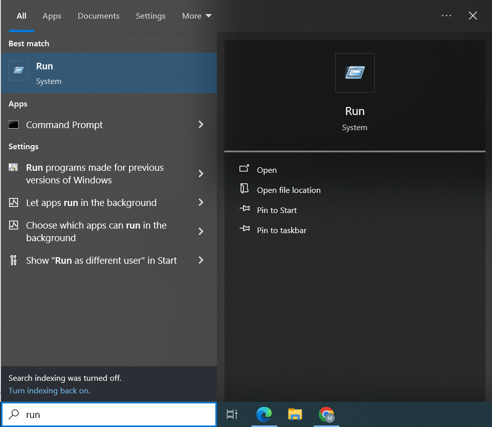 searching run dialogue box in windows search box