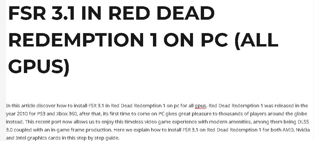 Pc Tweaking 7 With this article learn how to install FSR 3.1 in Red Dead Redemption 1 on pc to fix performance issues.